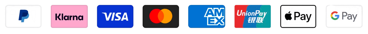 Zahlungsmethoden: PayPal, Klarna, Visa, Mastercard, American Express, UnionPay, Apple Pay, Google Pay